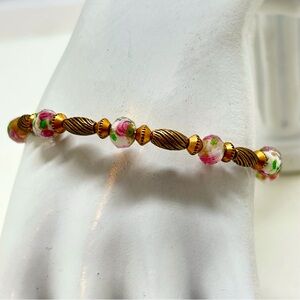Vintage 66, Gold Memory Wire Bracelet, Glass Floral Millefiore Beads